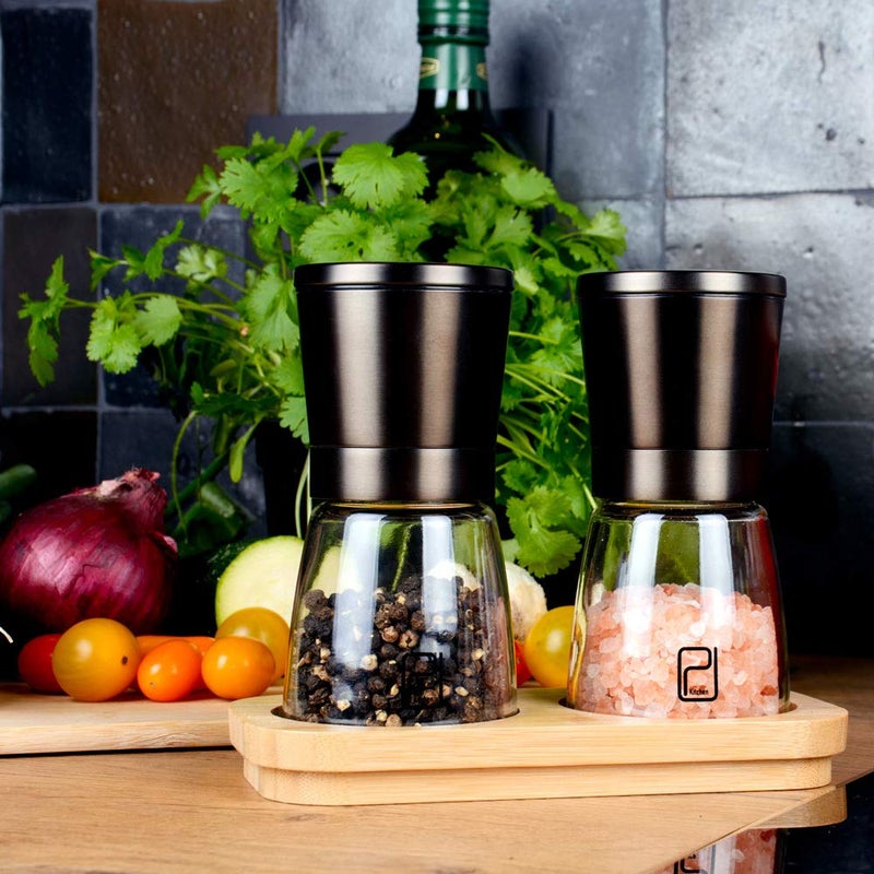 PJCKitchen Premium Black Stainless Steel Salt and Pepper Grinder Set With Stand in Bamboo Wood - Gunmetal Salt and Pepper Shakers with Adjustable Coarseness - Bronze Pepper Mill and Salt Grinders Shaker set - Image 5